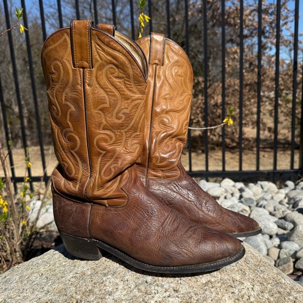 Justin Boots Mens Brown Western Cowboy Boots Two-Tone Tan Stitching Pull-On 9.5D